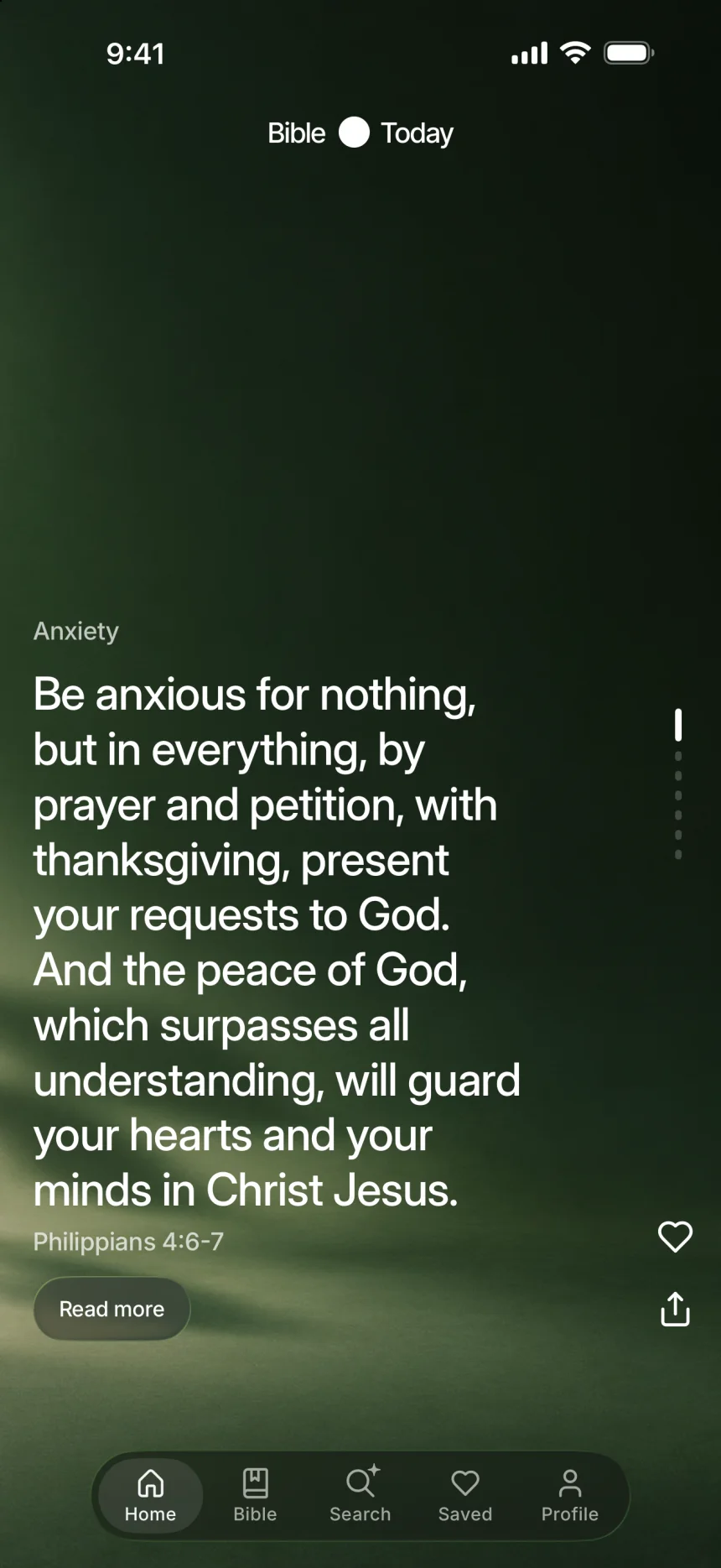Home: Philippians 4:6–7 on a dark green photo, with Read more, like and share.